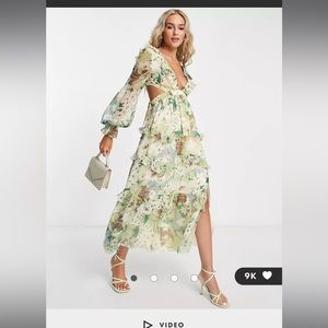 Ruffle midi dress with elastic waist and lace up back detail in floral print